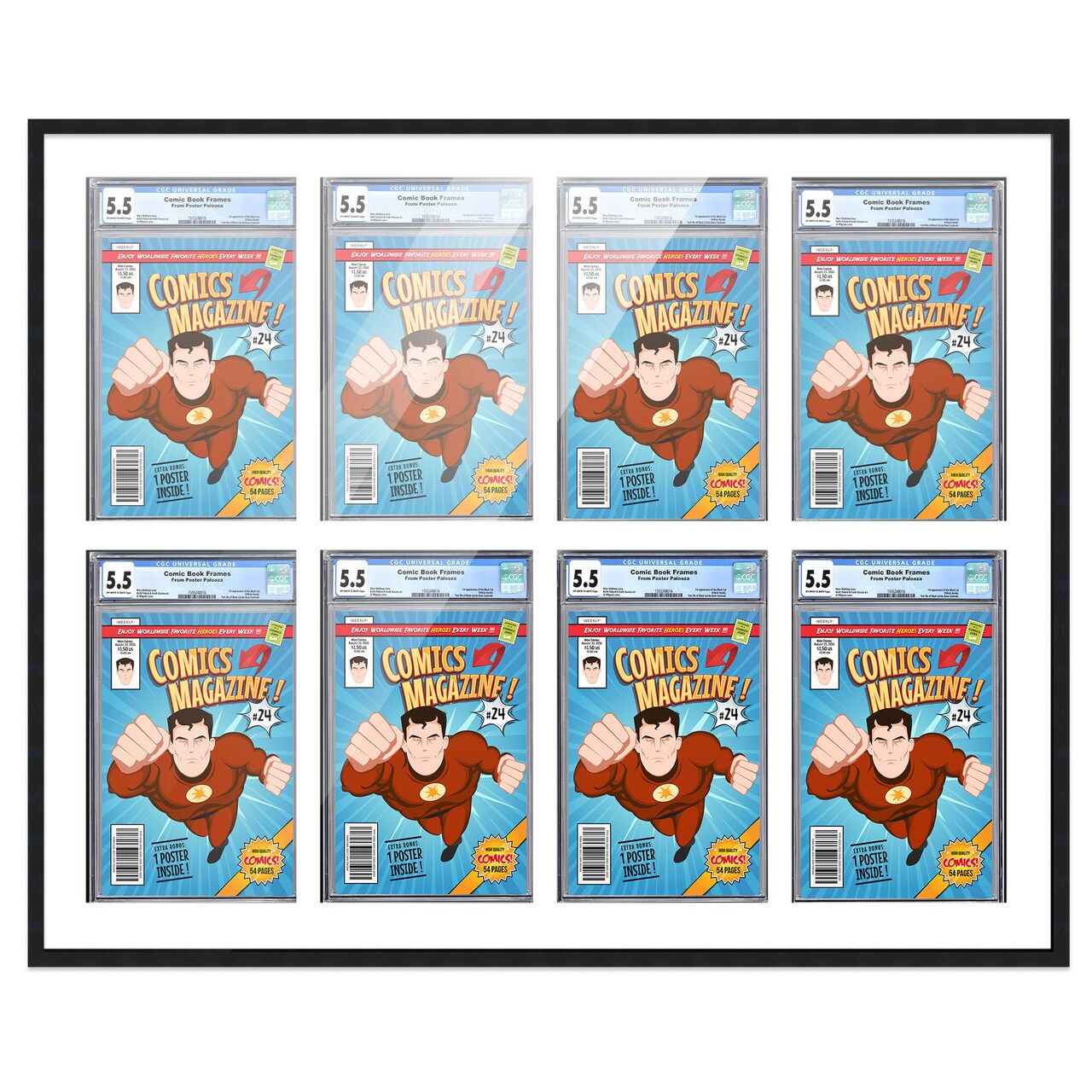Comic Book Display Frame for CGC, PGX Graded, Slabed Comics - Black Wood Comic Frame With White Mat for 8.125x13 Comics, 18 Frame Sizes